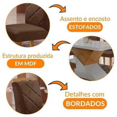 Mesa Sala De Jantar Aster 180cm E 6 Cadeiras Melissa Moderna Veludo Marrom/off White/imbuia