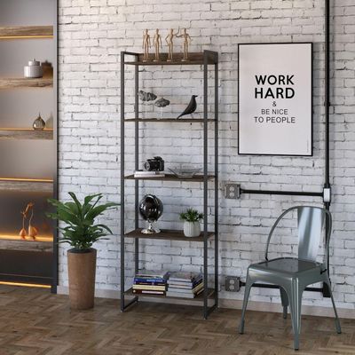 Kit Estante Areta 5 Prateleiras com Mesa Industrial Aspen 135cm C01 Carvalho Dark - Lyam Decor