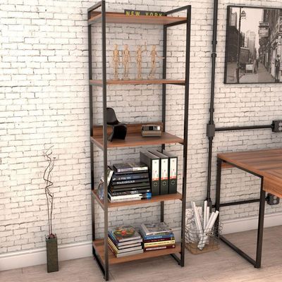 Kit Mesa Cavalete 135 cm com Estante 5 Prateleiras Estilo Industrial Form C01 Nogal - Lyam Decor