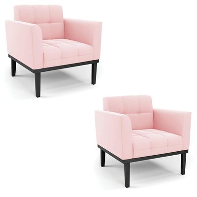 Kit 2 Poltronas Decorativas Karen Pés Fixo em Madeira Preto Suede Rosa Bebê G19 - Gran Belo