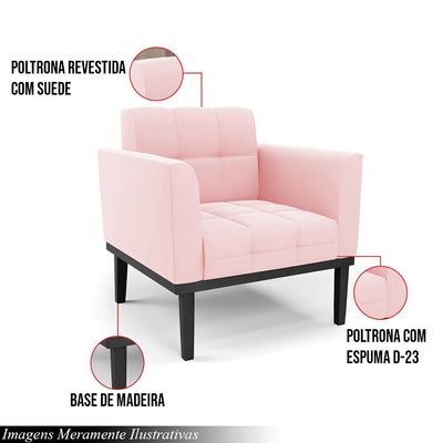 Kit 2 Poltronas Decorativas Karen Pés Fixo em Madeira Preto Suede Rosa Bebê G19 - Gran Belo