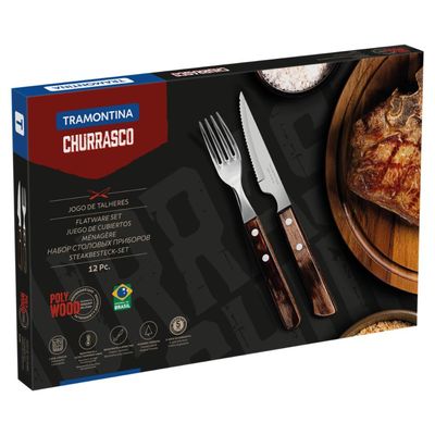 Jogo de Talheres para Churrasco Tramontina em Aço Inox com Cabo Castanho Polywood 12 Peças