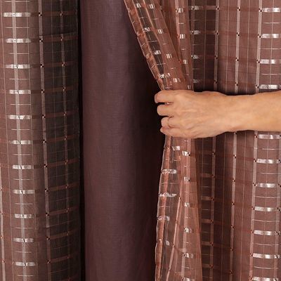 Cortina Blackout Pvc Com Tecido Voil Xadrez 2,80 M X 1,60 M - exclusividade na cor Marrom.
