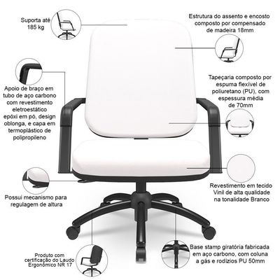 Cadeira De Escritório Giratória Com Braço Preta Magno P03 Vinil Branco - Lyam Decor