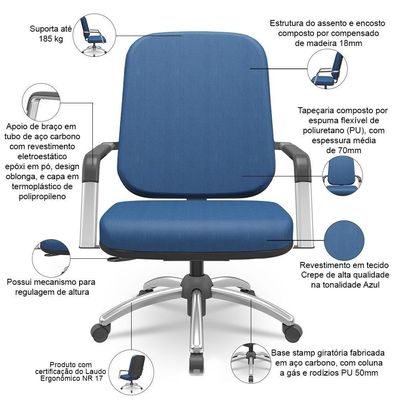 Cadeira De Escritório Giratória Com Braço Cromada Magno P03 Crepe Azul - Lyam Decor