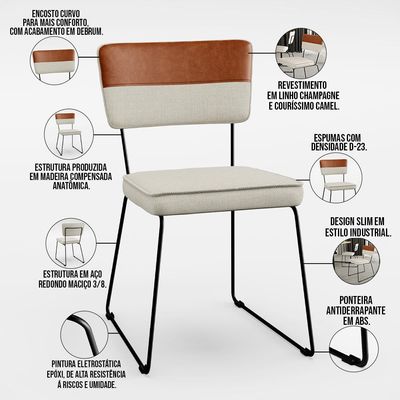Mesa Capri 160cm Off White 6 Cadeiras Allana B05 Faixa Couríssimo Camel Linho Champagne - Lyam Decor