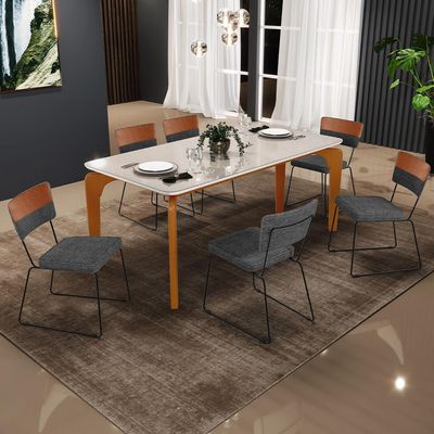 Mesa Capri 160 OffWhite 6 Cadeiras Allana B05 Faixa Couríssimo Camel Linho Cinza Escuro - Lyam Decor