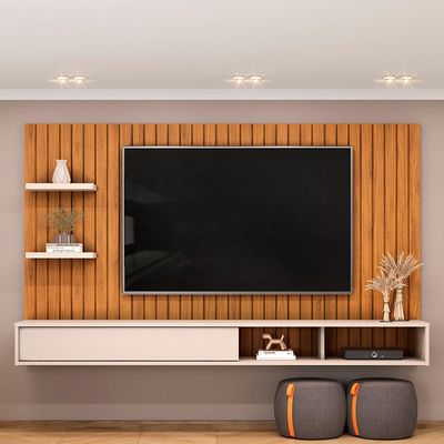 Painel Ripado TV 60 Pol com Bancada Suspensa 179cm Joan D05 Freijó Off White - Lyam Decor