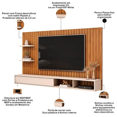 Painel Ripado TV 60 Pol com Bancada Suspensa 179cm Joan D05 Freijó Off White - Lyam Decor