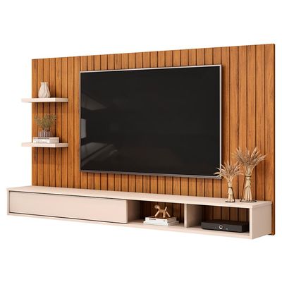 Painel Ripado TV 60 Pol com Bancada Suspensa 179cm Joan D05 Freijó Off White - Lyam Decor