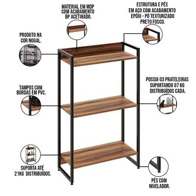 Kit 3 Estantes Multiuso Escritório Industrial 3 Prateleiras Areta 104x60cm C01 Nogal - Lyam Decor