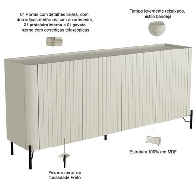 Buffet Sala de Jantar 4 Portas Brise 1 Gaveta Pés Industrial Preto Naim I03 Luna - Lyam
