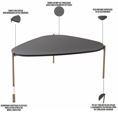 Kit 02 Mesas de Centro Para Sala de Estar Pés Metálicos Adek A03 Nero Dourado - Lyam Decor