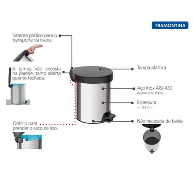 Lixeira New Tramontina Inox Com Pedal 5 Litros 94538/705