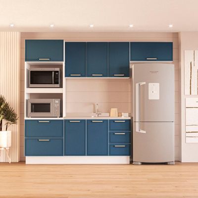 Cozinha Compacta sem Tampo com Rodapé Amara 8 portas 4 Gavetas Azul e Branca II