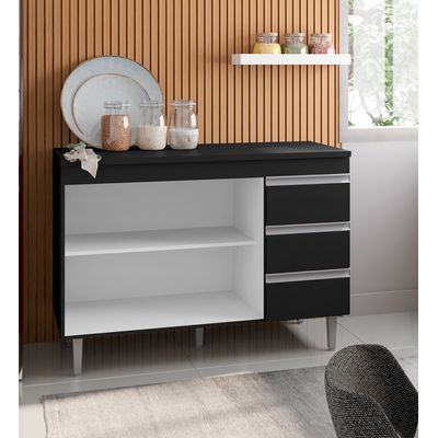 Balcão Cozinha com Tampo 120cm 3 Gavetas Leticia Preto A01 - D'Rossi