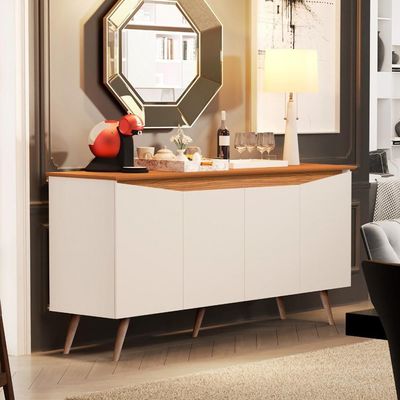 Aparador Buffet 4 Portas Retrô Com Pés De Madeira Off White - Nature Off White - Nature