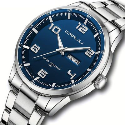 Relógio Masculino Pulseira Em Aço Inoxidável Movimento Quartzo Analógico Azul Prateado