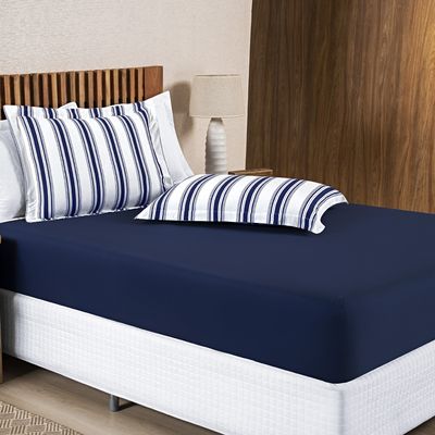 Jogo Cama Lençol Daily Casal Padrão Malha 100% Algodão Listrado 3 Peças - Azul Marinho
