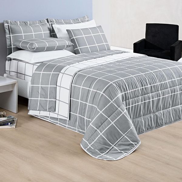 Kit Cobre Leito Minimalista Quadriculado King 03 Peças Tecido Micropercal 200 Fios - Cinza Com Branco