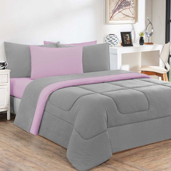 Kit Edredom Malha 100% Algodão Gran Moratta 3 Peças Queen - Cinza/Rosa Bebê Kit Edredom Malha 100% Algodão Gran Moratta 3 Peças Queen - Cinza/Rosa Bebê