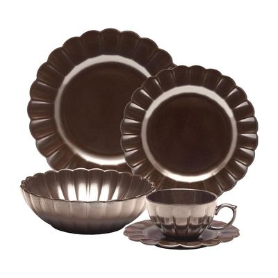 Jogo de Jantar Chá 30 Pçs Porcelana Oxford Flora Anis: Marrom Metalizado