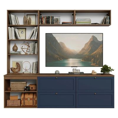 Estante Sala De Estar Com Rack + Cristaleira 230cm Vik Madesa 01 Rustic-azul