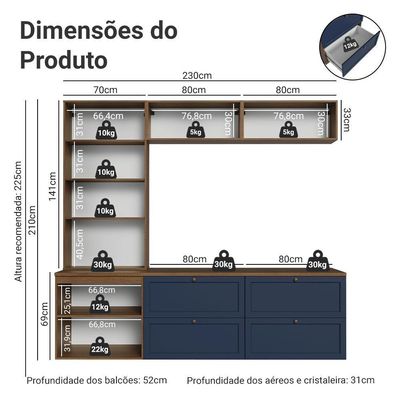 Estante Sala De Estar Com Rack + Cristaleira 230cm Vik Madesa 01 Rustic-azul