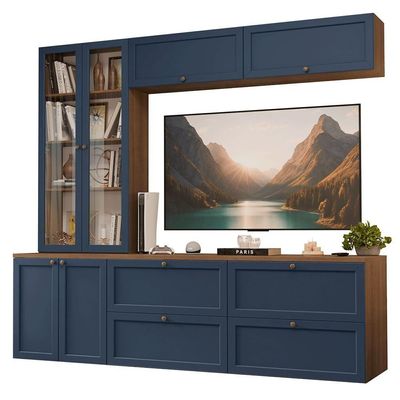 Estante Sala De Estar Com Rack + Cristaleira 230cm Vik Madesa 01 Rustic-azul