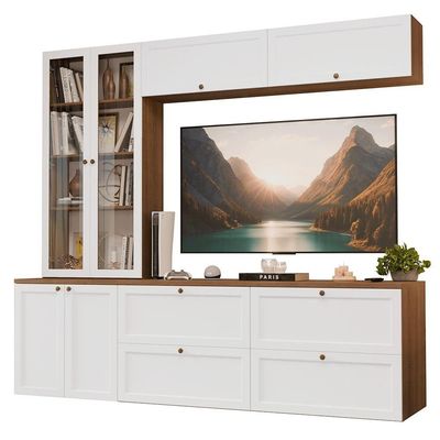 Estante Sala De Estar Com Rack + Cristaleira 230cm Vik Madesa 01 Rustic-branco