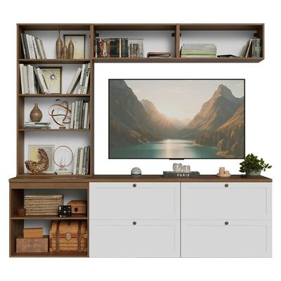 Estante Sala De Estar Com Rack + Cristaleira 230cm Vik Madesa 02 Rustic-branco