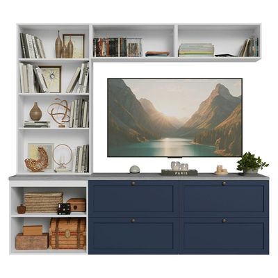 Estante Sala De Estar Com Rack + Cristaleira 230cm Vik Madesa 01 Branco-azul