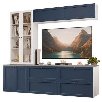Estante Sala De Estar Com Rack + Cristaleira 230cm Vik Madesa 01 Branco-azul