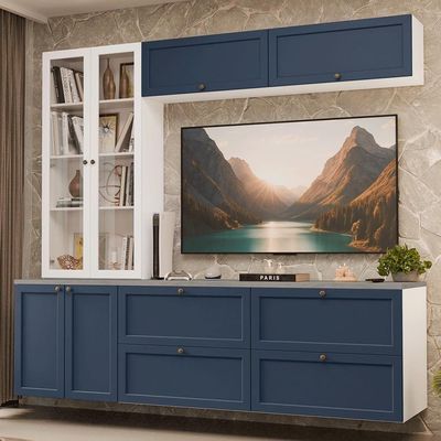 Estante Sala De Estar Com Rack + Cristaleira 230cm Vik Madesa 01 Branco-azul