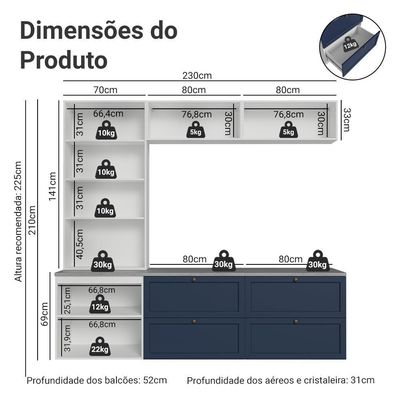 Estante Sala De Estar Com Rack + Cristaleira 230cm Vik Madesa 01 Branco-azul