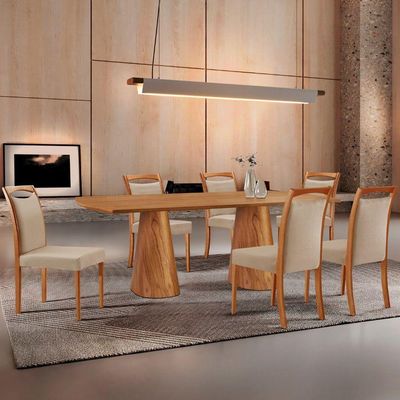 Mesa Noronha 180cm Tampo Laminado Barril Com 6 Cadeiras Livi Linho Premium Imbuia Natural