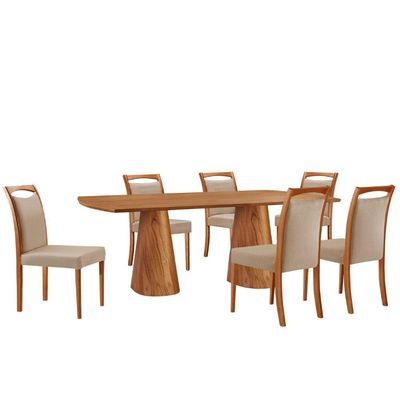 Mesa Noronha 180cm Tampo Laminado Barril Com 6 Cadeiras Livi Linho Premium Imbuia Natural