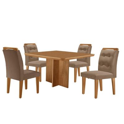 Mesa Olimpia 90 Mdf Canto Copo E Com 4 Cadeiras Carol Veludo Capuccino Naturalle