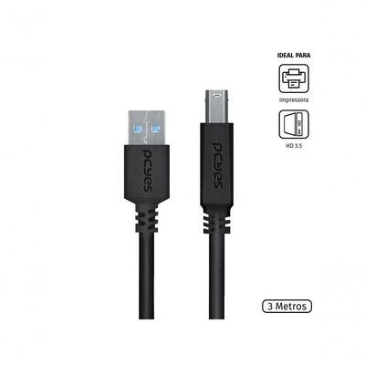 Cabo Para Impressora E Hd Externo Usb A 3.0 Macho Para Usb B 3.0 Macho 28awg Puro Cobre 3 Metros - Puabm3-3