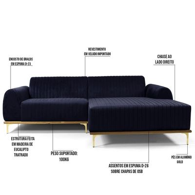 Sofá 4 Lugares Com Chaise Molino 255 Cm Azul Marinho C-287