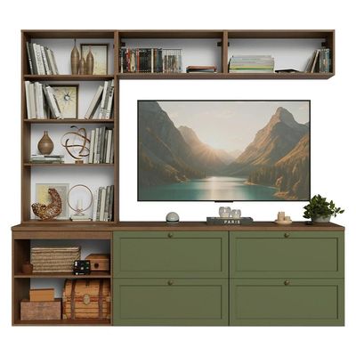 Estante Sala De Estar Com Rack + Cristaleira 230cm Vik Madesa 02 Rustic-verde