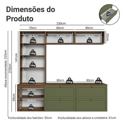 Estante Sala De Estar Com Rack + Cristaleira 230cm Vik Madesa 02 Rustic-verde