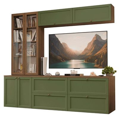 Estante Sala De Estar Com Rack + Cristaleira 230cm Vik Madesa 02 Rustic-verde
