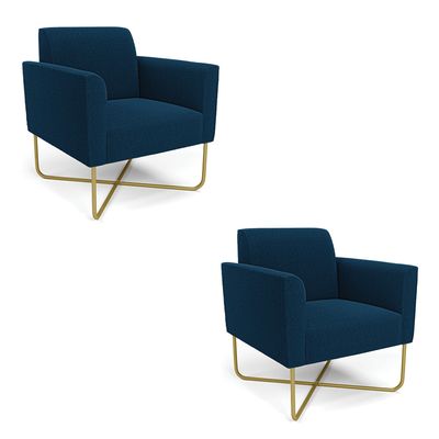 Poltrona Sala Base X Industrial Dourado Kit 2 Marisa Bouclê Azul D03 - D'Rossi