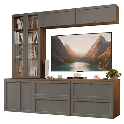Estante Sala De Estar Com Rack + Cristaleira 230cm Vik Madesa 01 Rustic-cinza