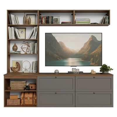 Estante Sala De Estar Com Rack + Cristaleira 230cm Vik Madesa 01 Rustic-cinza