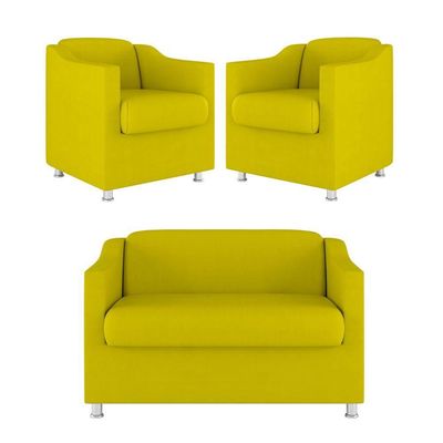 Kit Sofá Namoradeira + 02 Poltrona Tilla Recepção Sala Suede amarelo