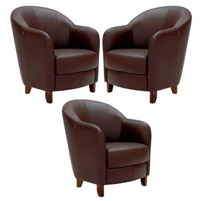 Kit 3 Poltronas Decorativas Sala de Estar Pés Madeira Kairós Couro Chocolate - Gran Belo