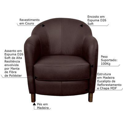 Kit 4 Poltronas Decorativas Sala de Estar Pés Madeira Kairós Couro Chocolate - Gran Belo