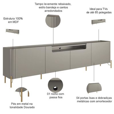 Rack Para Sala de Estar TV 85 Pol 4 Portas Pés Industrial Dourado Alef I03 Grigio - Lyam Decor